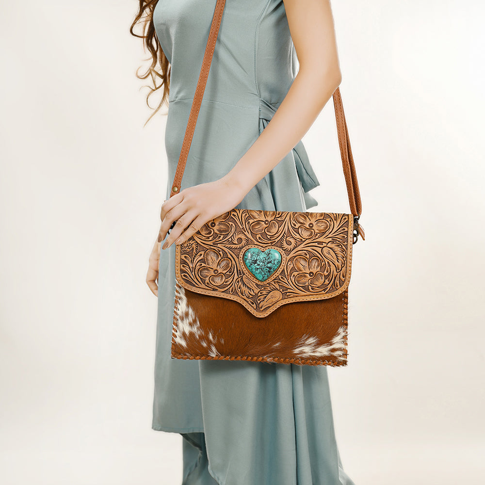 ADBG1389 American Darling Western Leather Crossbody with Hair-On Cowhide & Hand-Tooled Floral Detail