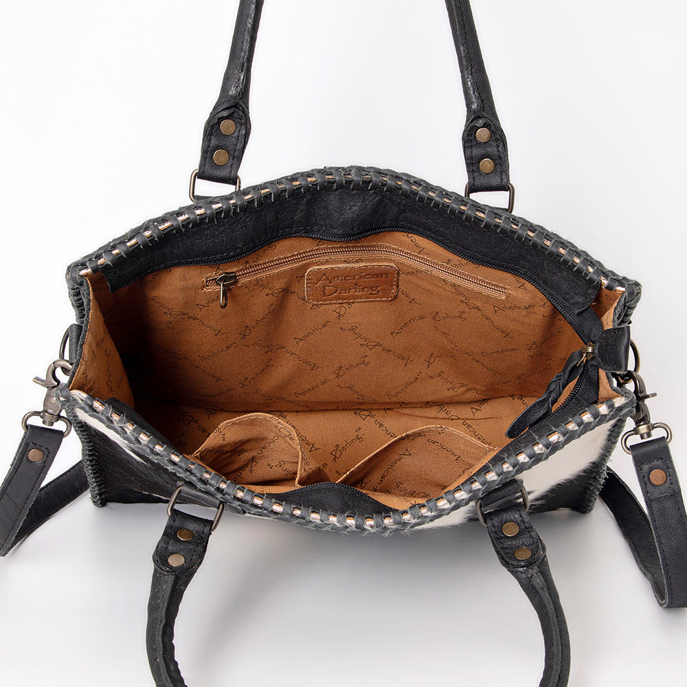 ADBGS118 Western Cowhide Tote -Hair-On Leather Bag with Braided Whipstitch & Strap