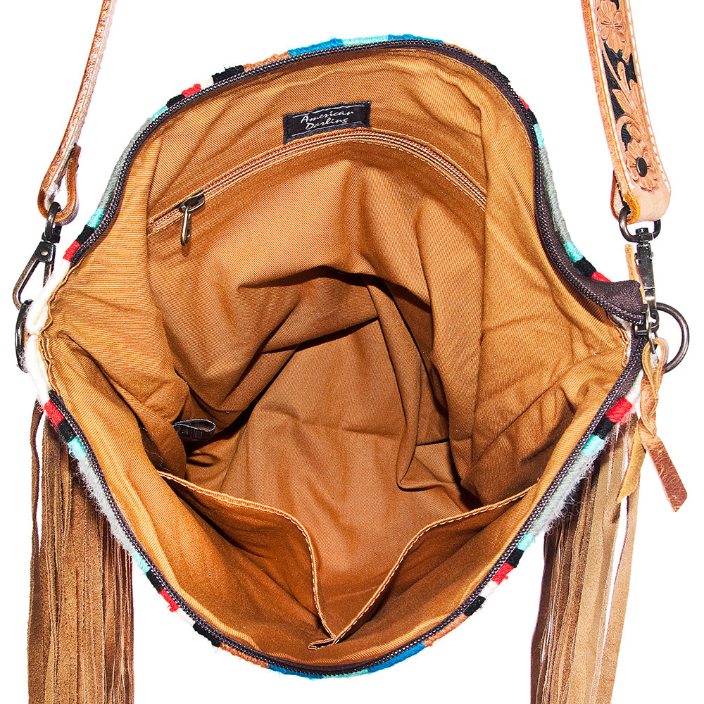 ADBG210 American Darling Western Messenger Bag - Hand Tooled Leather & Woven Saddle Blanket with Fringes