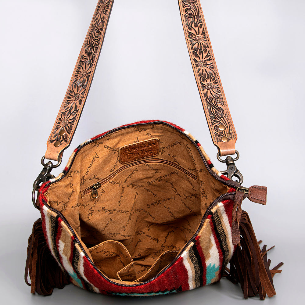 ADBG217 Handwoven Wool Saddle Blanket Western Crossbody Bag with Tooled Leather Strap & Fringe