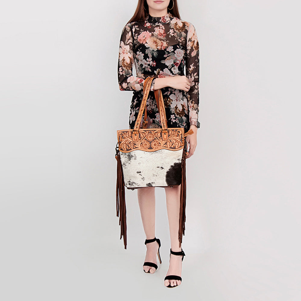 LC-ADBGS144BRW Tooled Leather & Cowhide Messenger - Western Fringe Bag with Floral Carving