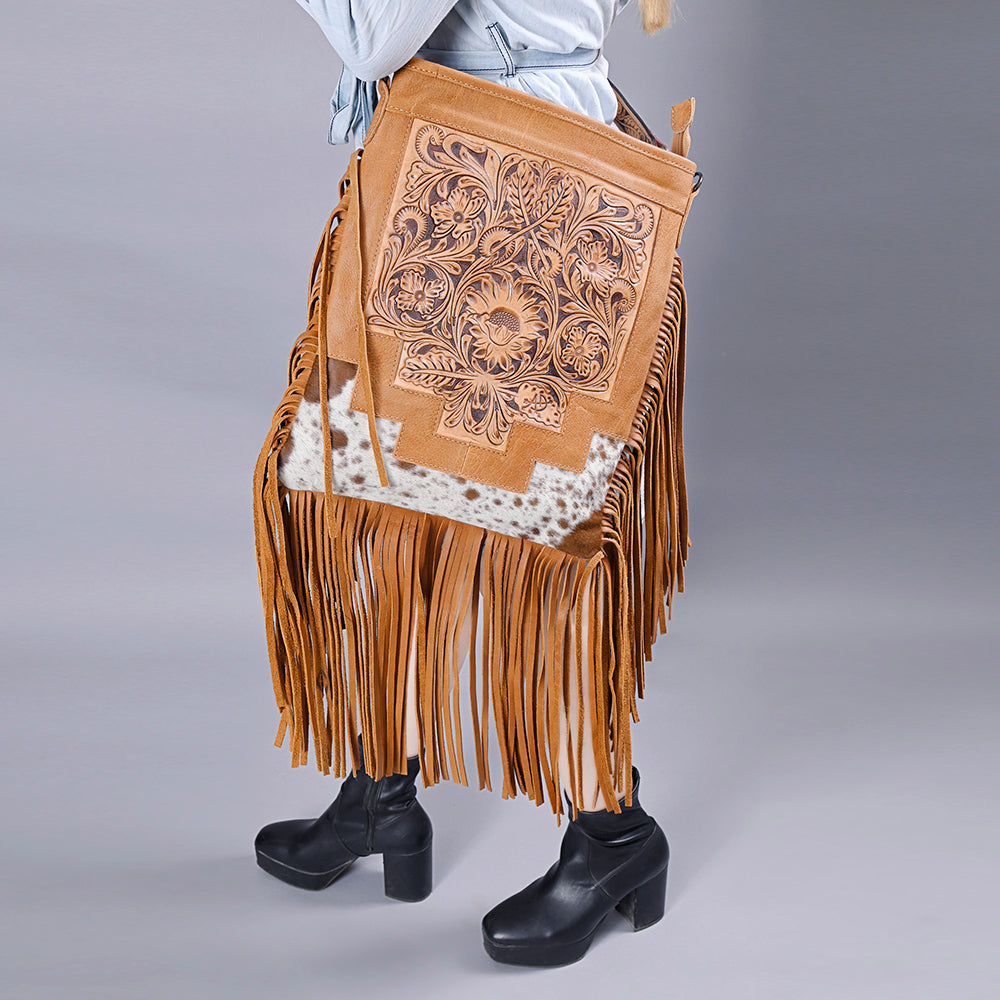 ADBG256 Tooled Leather & Cowhide Fringe Messenger Bag Western Boho Messenger by American Darling