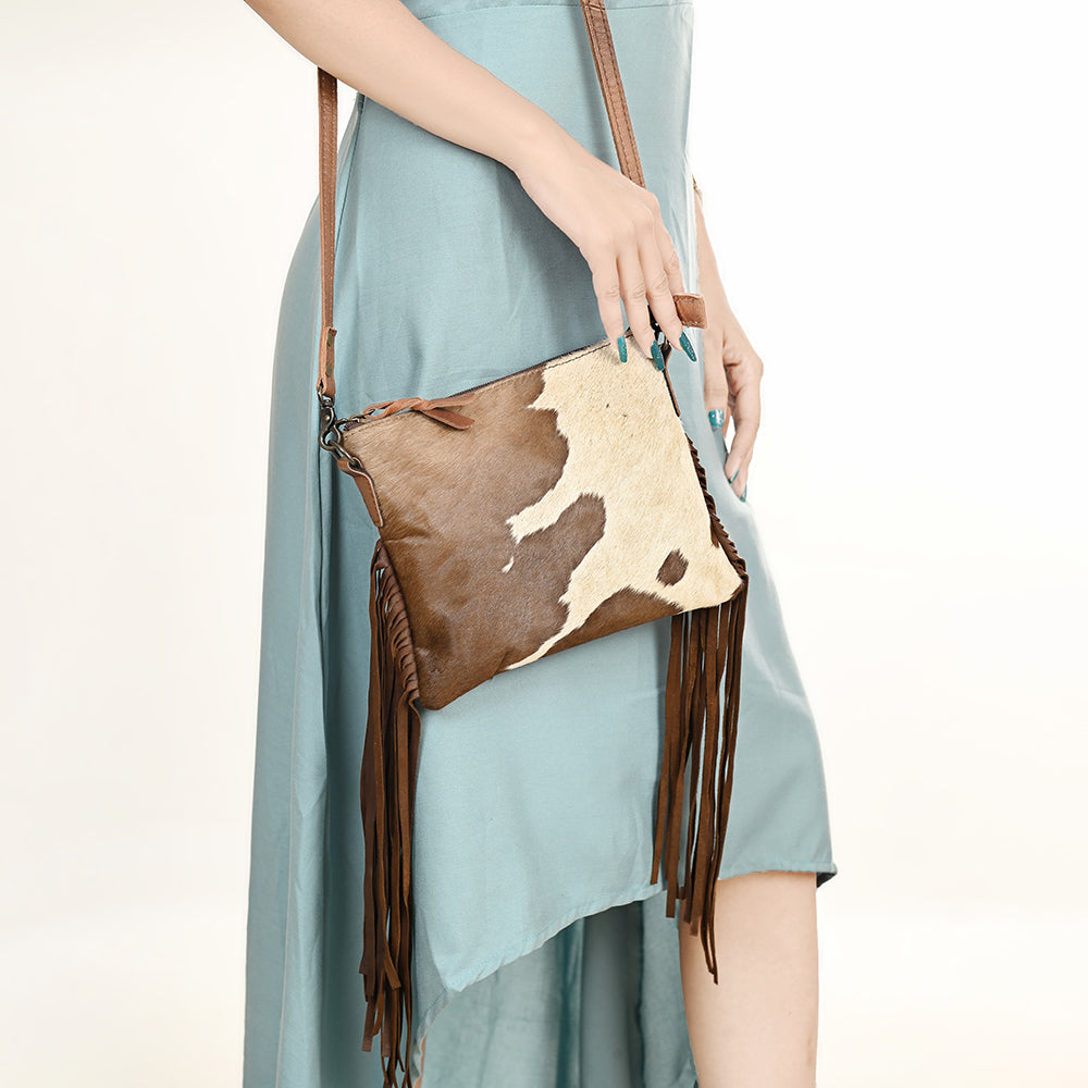 ADBG109 American Darling Hair-On Cowhide Western Crossbody Bag with Leather Fringe Detail