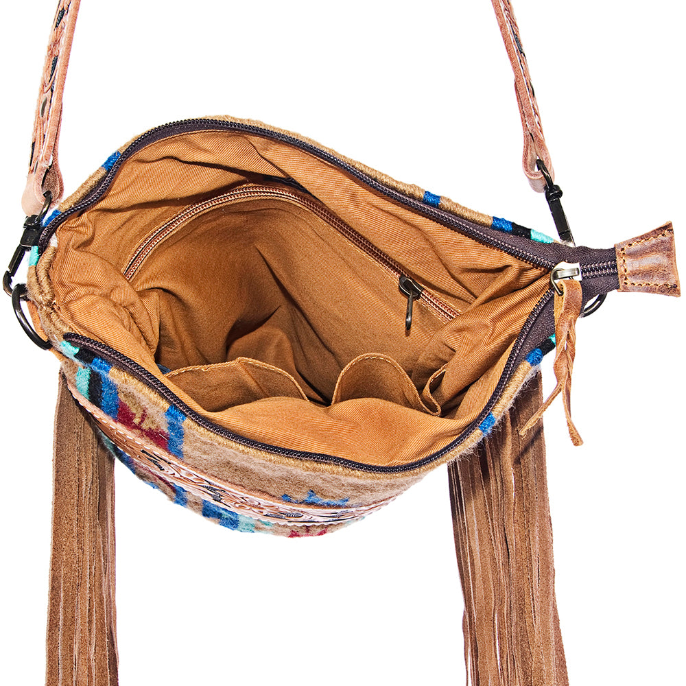 ADBG298 American Darling Cross body Bag - Hand Tooled Floral Leather & Woven Saddle Blanket Purse