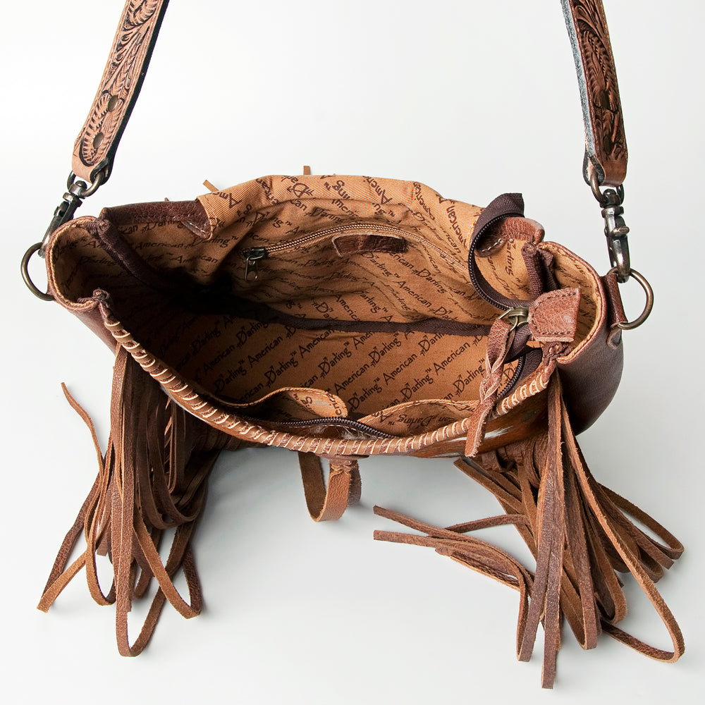 ADBG351 Hair-On Cowhide Hobo Bag with Fringe Tooled Leather Western Shoulder Bag