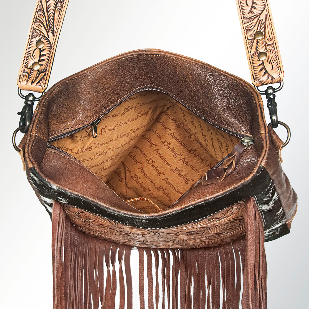 ADBG380 Tooled Leather Cowhide Messenger Bag with Floral Design & Fringe