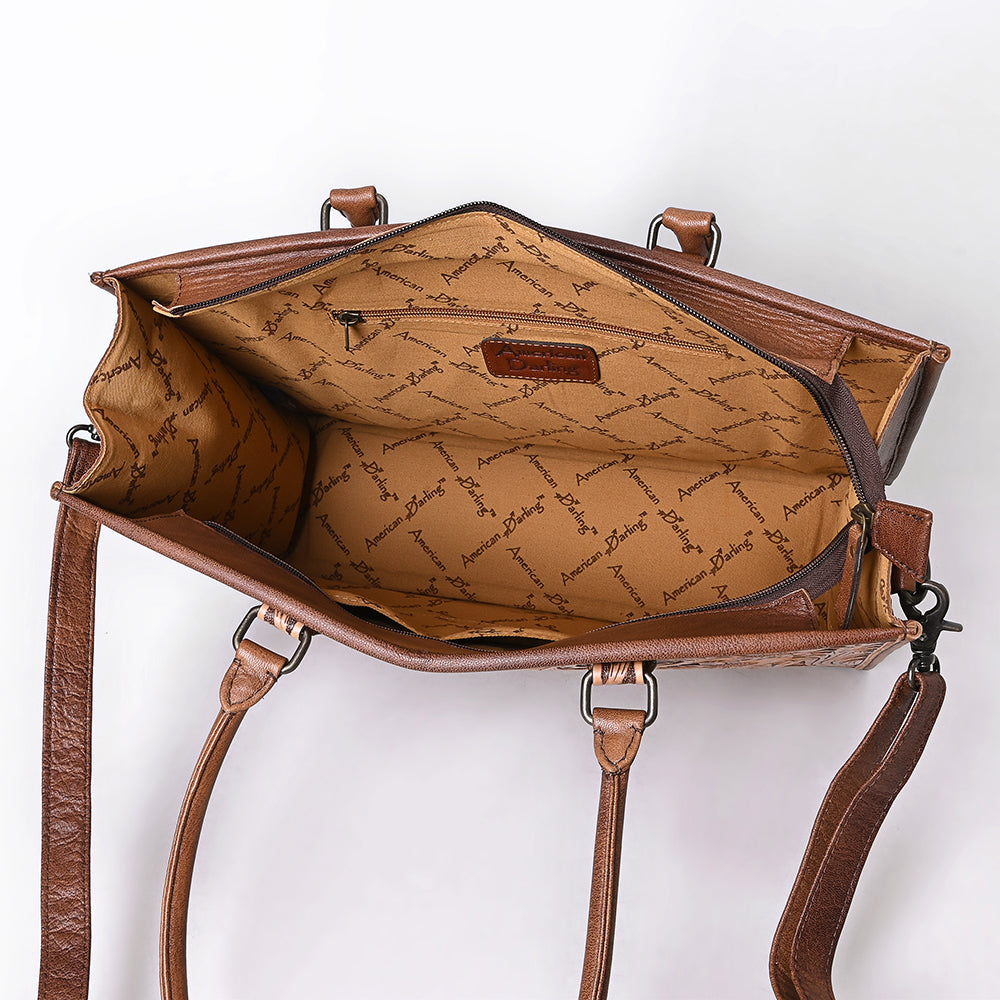 ADBG387BR American Darling Hand-Tooled Genuine Leather Tote with Floral Artisan Detail