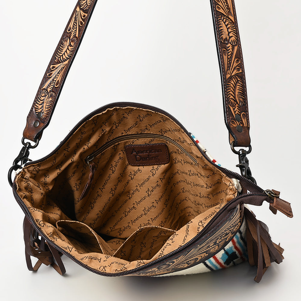 ADBGZ104 Southwestern Woven Crossbody Bag with Tooled Leather & Fringe