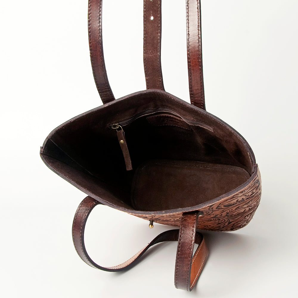 ADBG477TAN Hand Tooled Floral Western Tote Bag Genuine Embossed Cowhide Leather with Fringe and Adjustable Strap