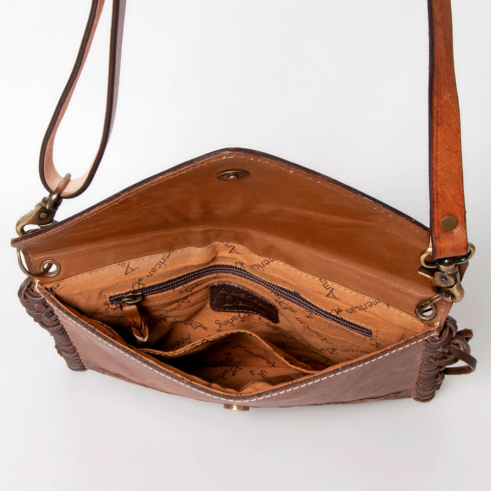 ADBG480 Authentic Hand-Tooled Genuine Leather Envelope Crossbody with Fringe Detail