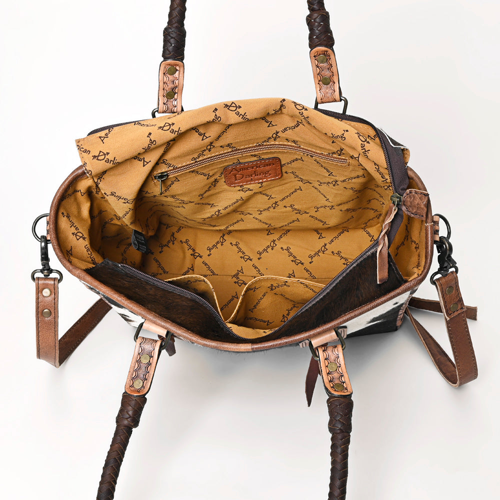 ADBGH101 Genuine Leather Western Tote Bag - Hair-On Hide with Hand-Tooled Floral Straps
