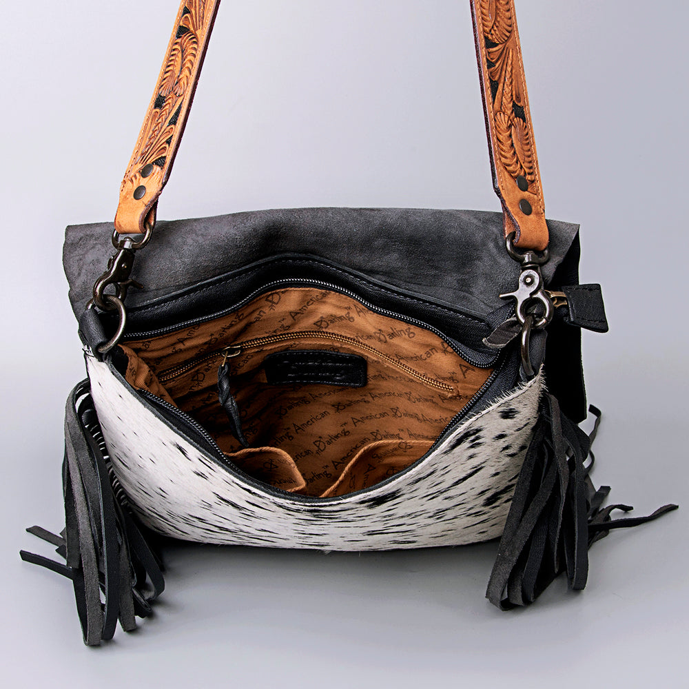 LC-ADBGZ137BKW Black & White Cowhide Messenger Bag with Raw Edge Flap and Tooled Strap