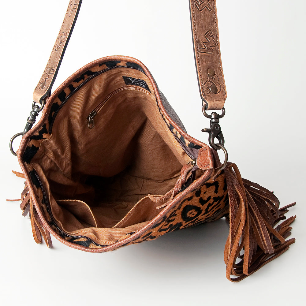 ADBG316 Printed Hair-On Cowhide & Tooled Leather Western Large Crossbody Bag Fringe Crossbody