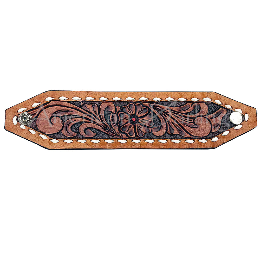 LC-ADBRF101 Hand-Tooled Leather Wristband - Western Floral with Whipstitch & Snap Closure