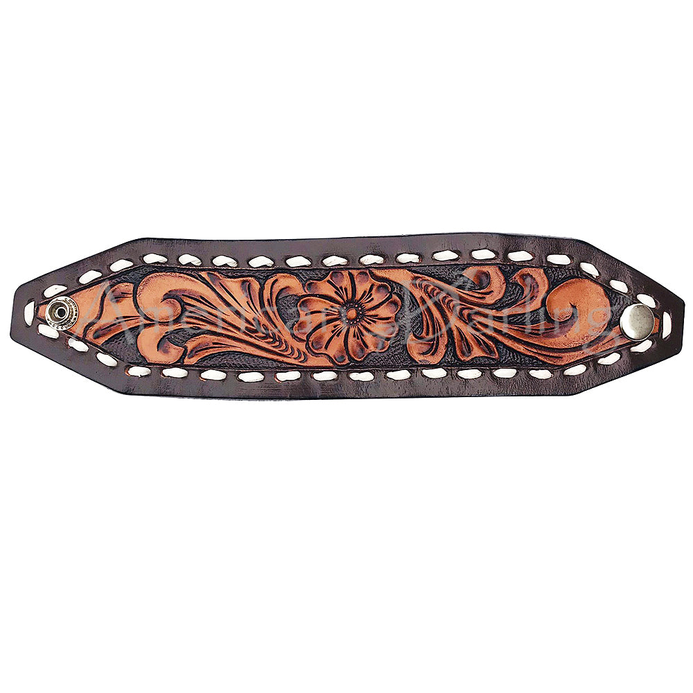 LC-ADBRF102 Dark Brown Tooled Leather Wristband - Western Floral with Whipstitch & Snap Closure