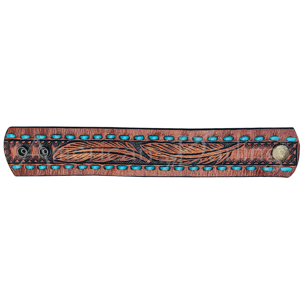 ADBRF111 Hand-Tooled Leather Wristband - Feather Motif with Turquoise Stitching