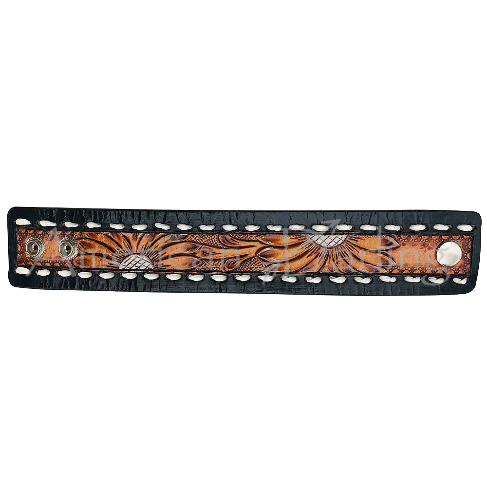 LC-ADBRF112 Hand-Tooled Leather Wristband - Black Whipstitch with Floral Carving