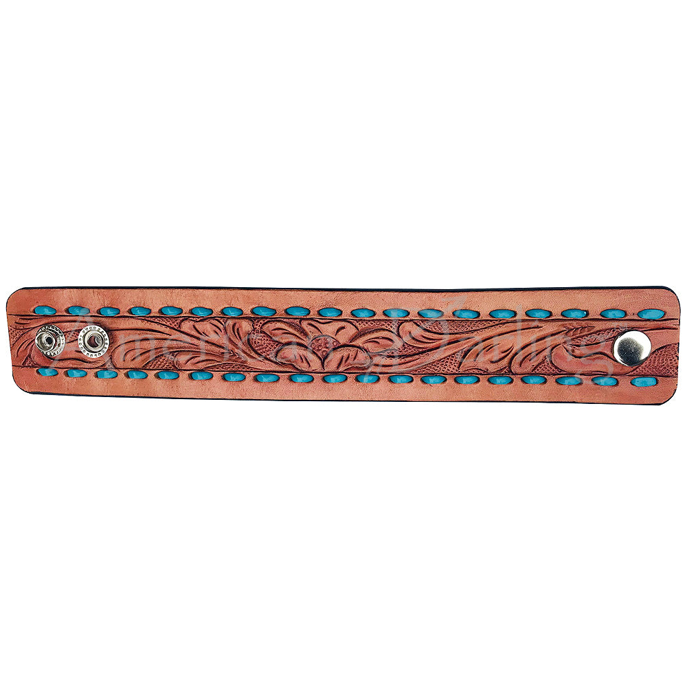 LC-ADBRF117 Hand Tooled Leather Wrist Strap with Turquoise Lacing - Western Floral Design