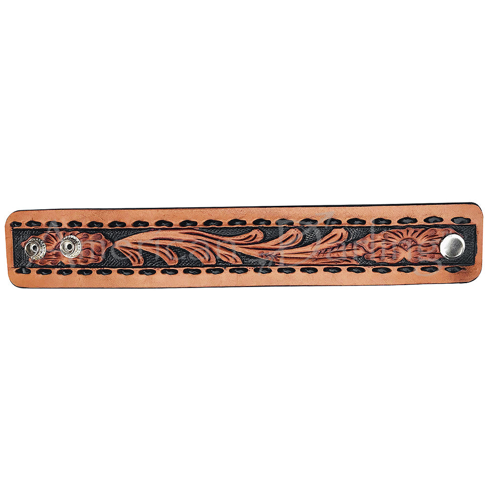 LC-ADBRF119 Hand Tooled Leather Wrist Strap - Black Inlay with Floral Tooling & Whipstitch Edge