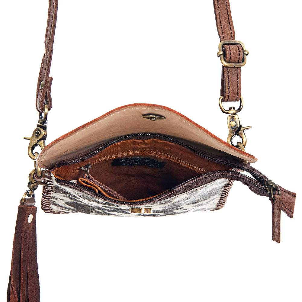 LC-ADBGD105 Hair-On Hide Leather Phone Messenger - Tooled Floral Flap with Tassel Accent