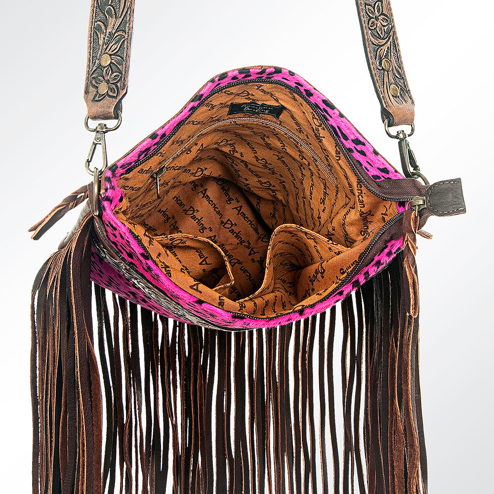 ADBGS192 Cowhide Large Crossbody Bag with Tooled Patch, Fringe & Floral Strap - Western Purse