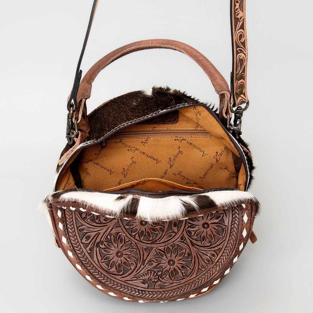 ADBG505 Hand-Tooled Western Canteen Leather Crossbody Bag with Feather Headdress Design American Darling