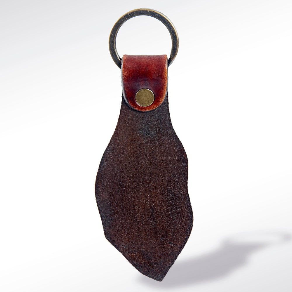 LC-ADKR159 Tooled Leather Feather Keyring warm brown Western Leaf Shape