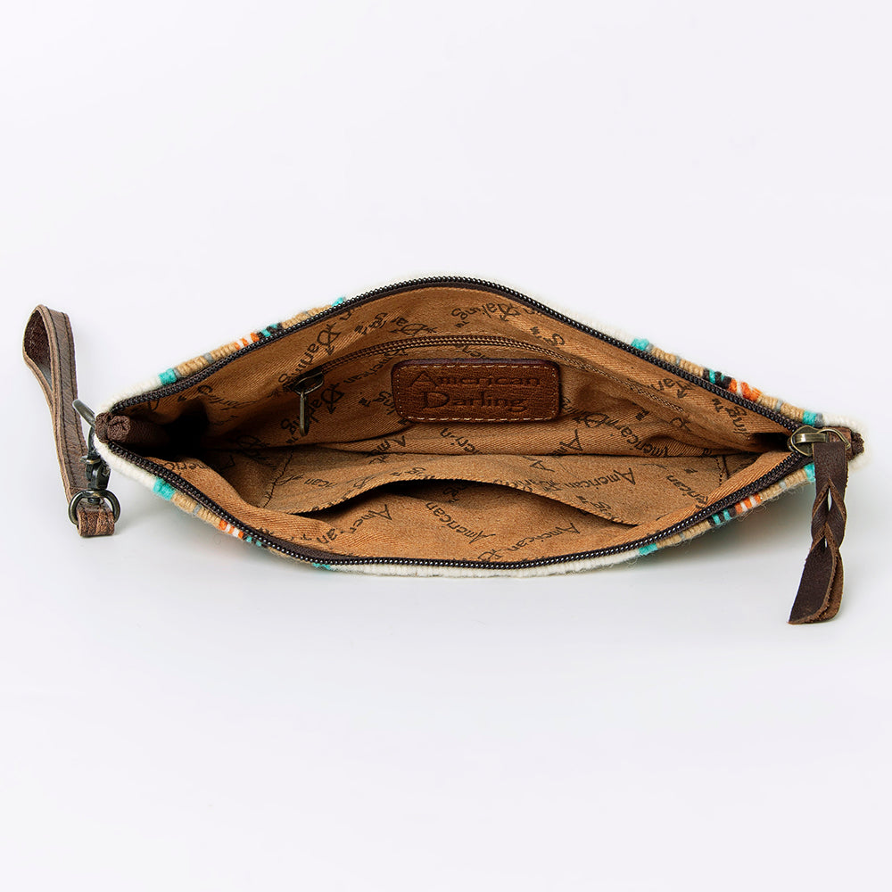 ADBG344 Southwestern Wool Wristlet Clutch with Tribal Pattern and Leather Strap