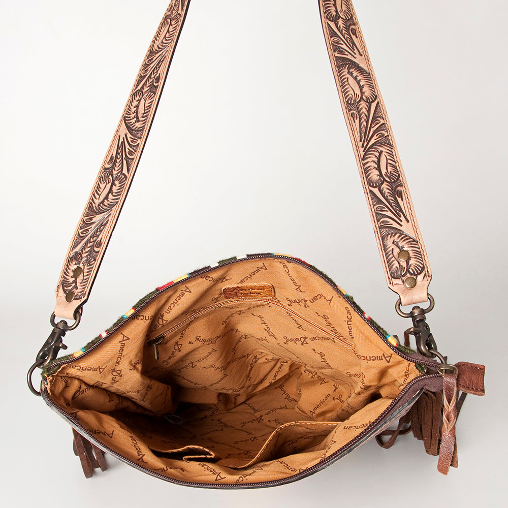 ADBG510 Tooled Leather & Saddle Blanket Crossbody Bag - Western Fringe Purse by American Darling