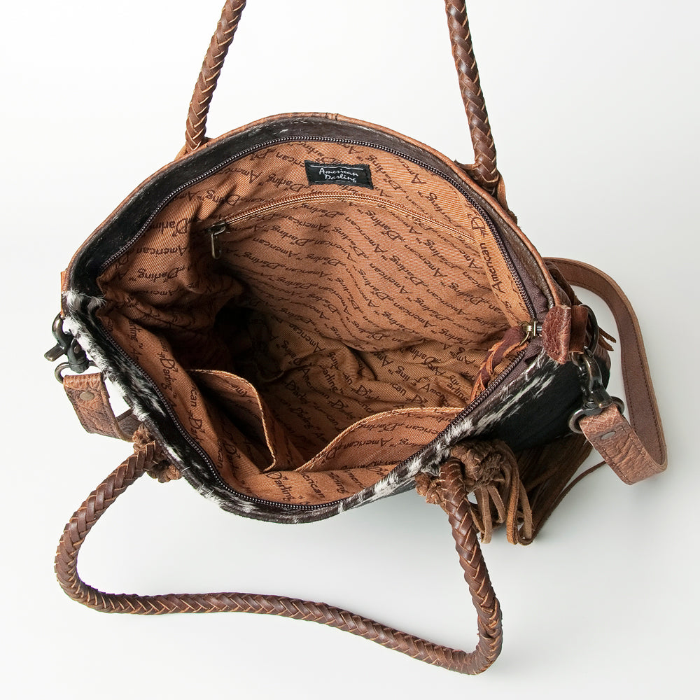 ADBG511BRW Genuine Cowhide Tote Bag with Braided Leather Fringe Straps Western Shoulder & Crossbody