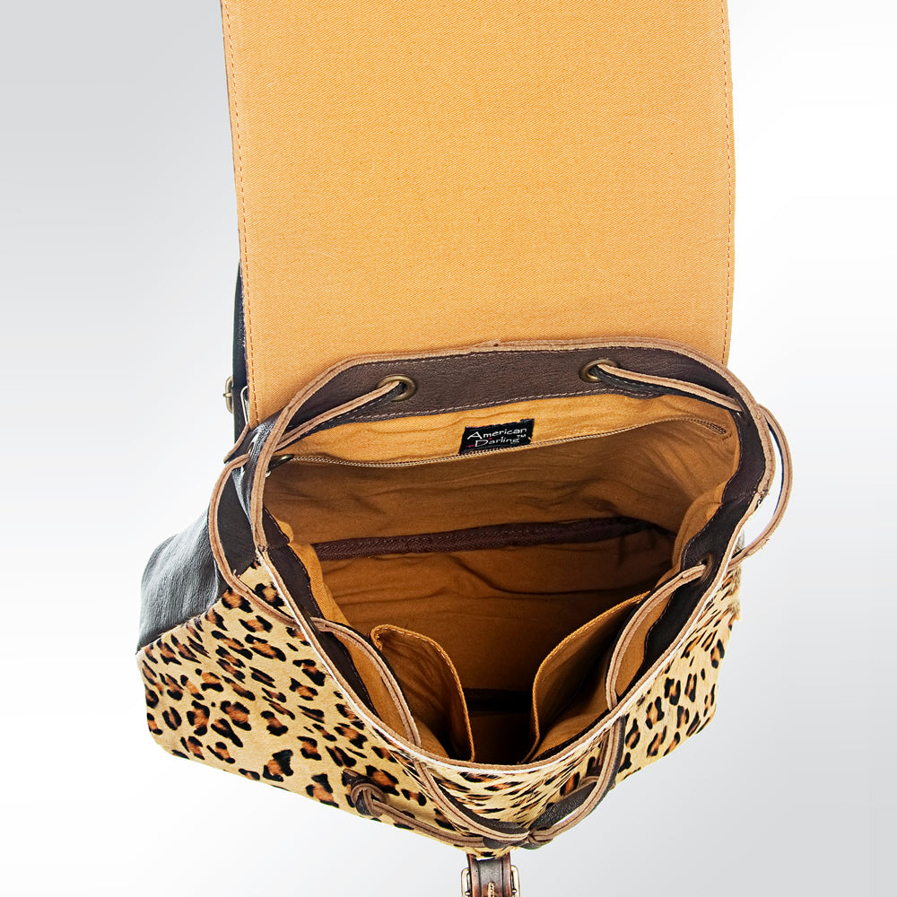 LC-ADBGZ101CHE Leopard Print Cowhide Backpack with Floral Tooled Leather Flap - Western Chic