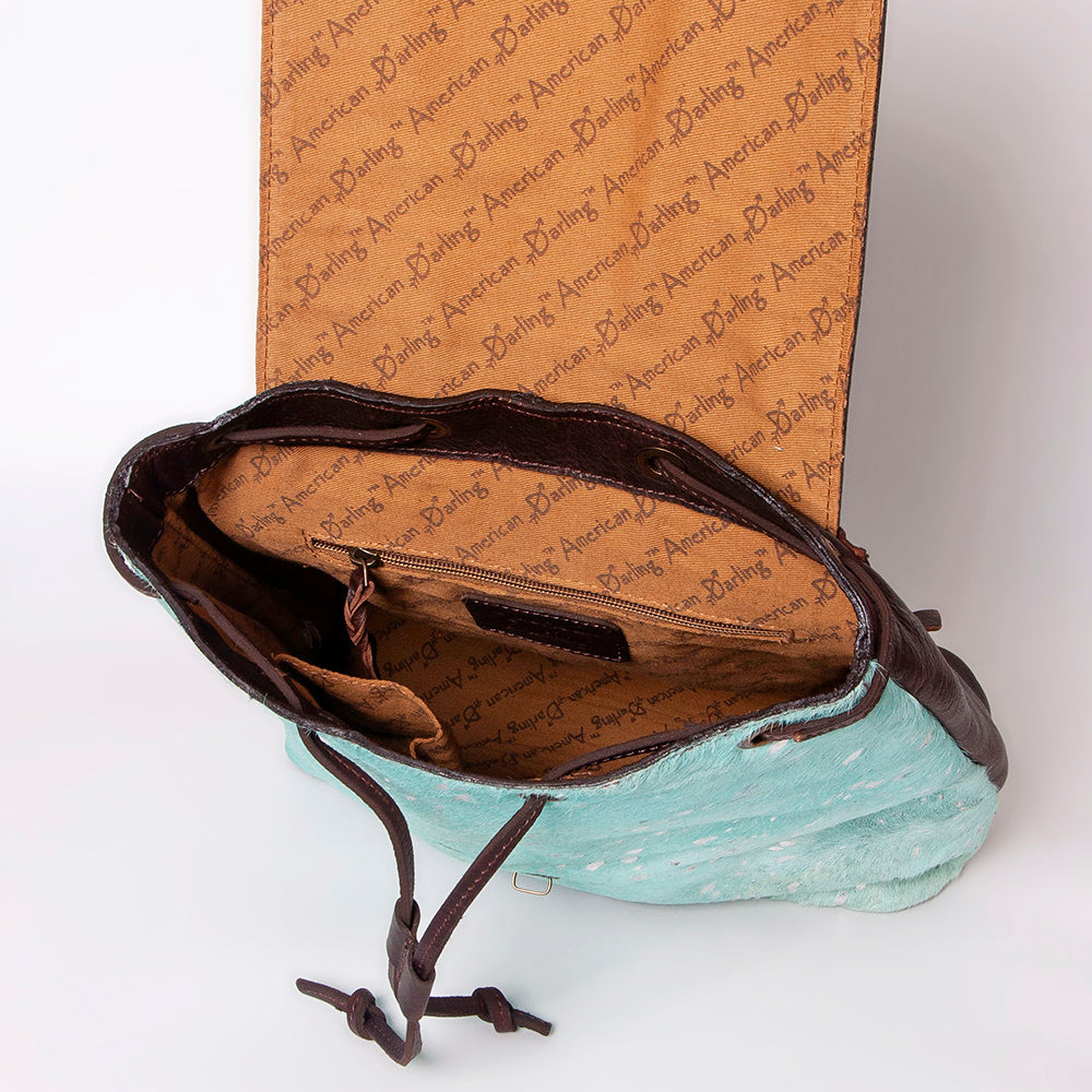 LC-ADBGZ101TRQ Turquoise Acid-Wash Cowhide Backpack with Floral Tooled Leather Flap - Western Chic