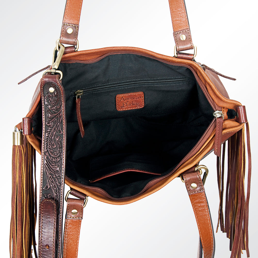 LC-ADBGI103A Turquoise Inlay Western Leather Tote - Genuine Cowgirl Fringe Shoulder Bag