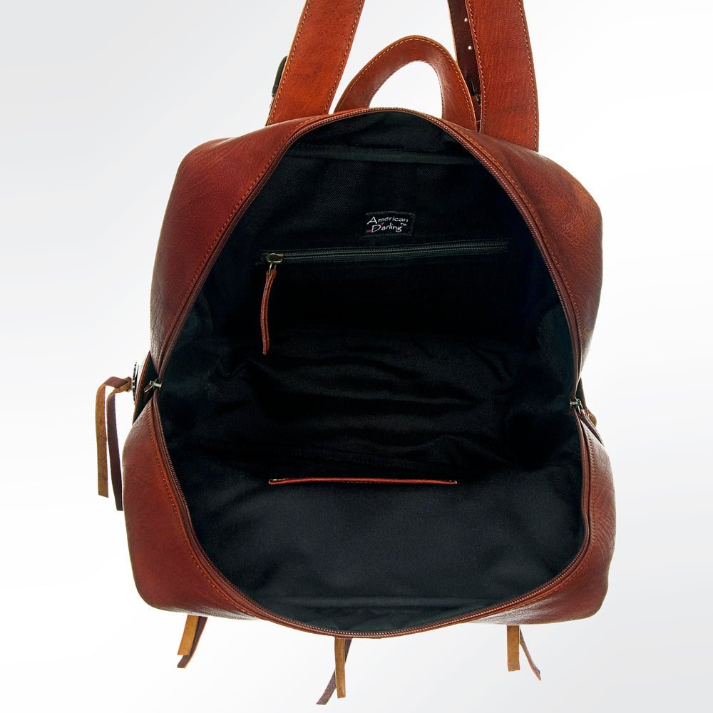 ADBGI109 Western Hair-On Hide Leather Backpack - Genuine Cowhide with Conchos & Fringe Ties