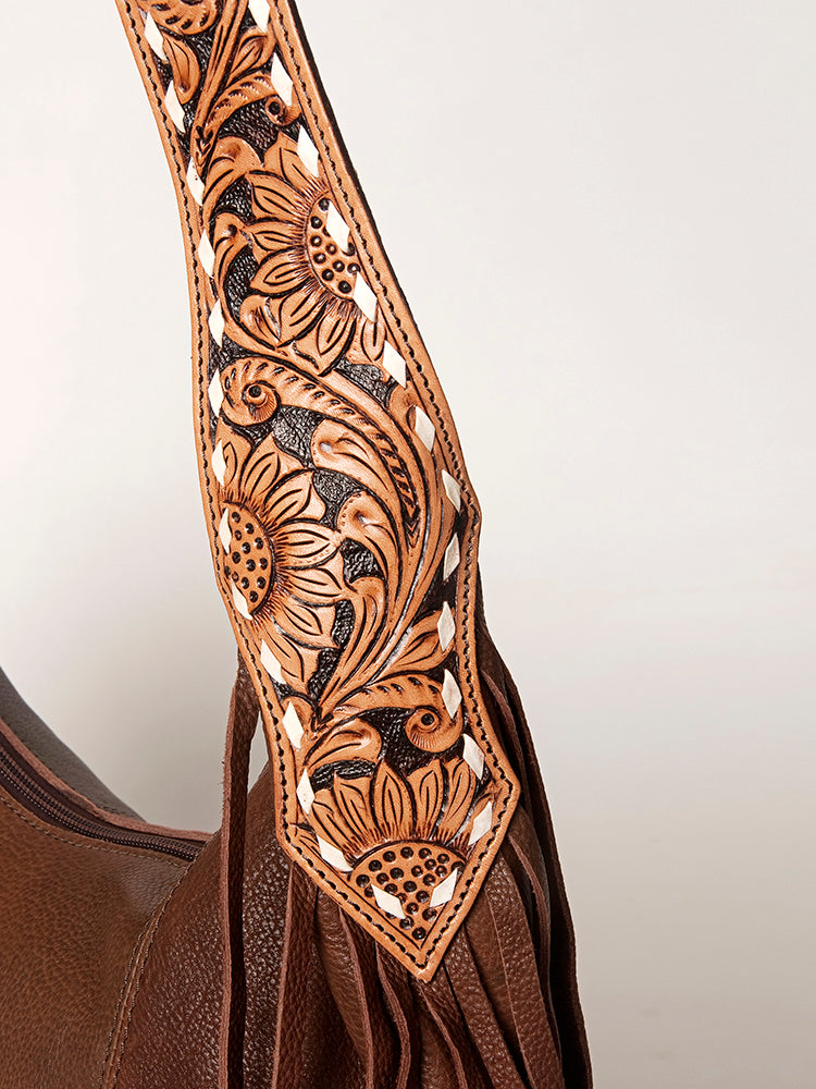 LC-ADBGI112 Western Leather Hobo Bag - Genuine Solid Brown with Tooled Strap & Fringe