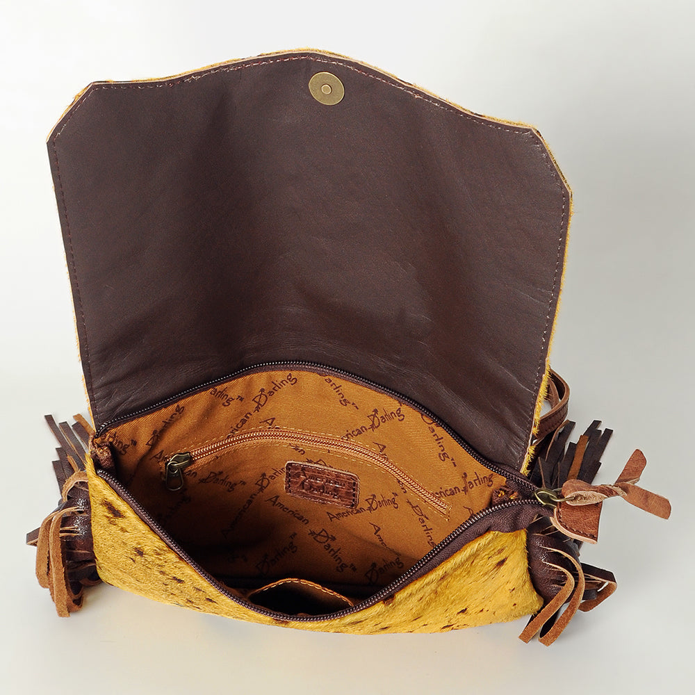 ADBG530 Cowhide Fringe Crossbody Bag with Western Studs & Concho