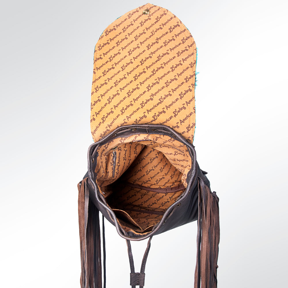 LC-ADBGZ219 Turquoise Acid Wash Cowhide & Black Leather Fringe Backpack - Western Boho Bag