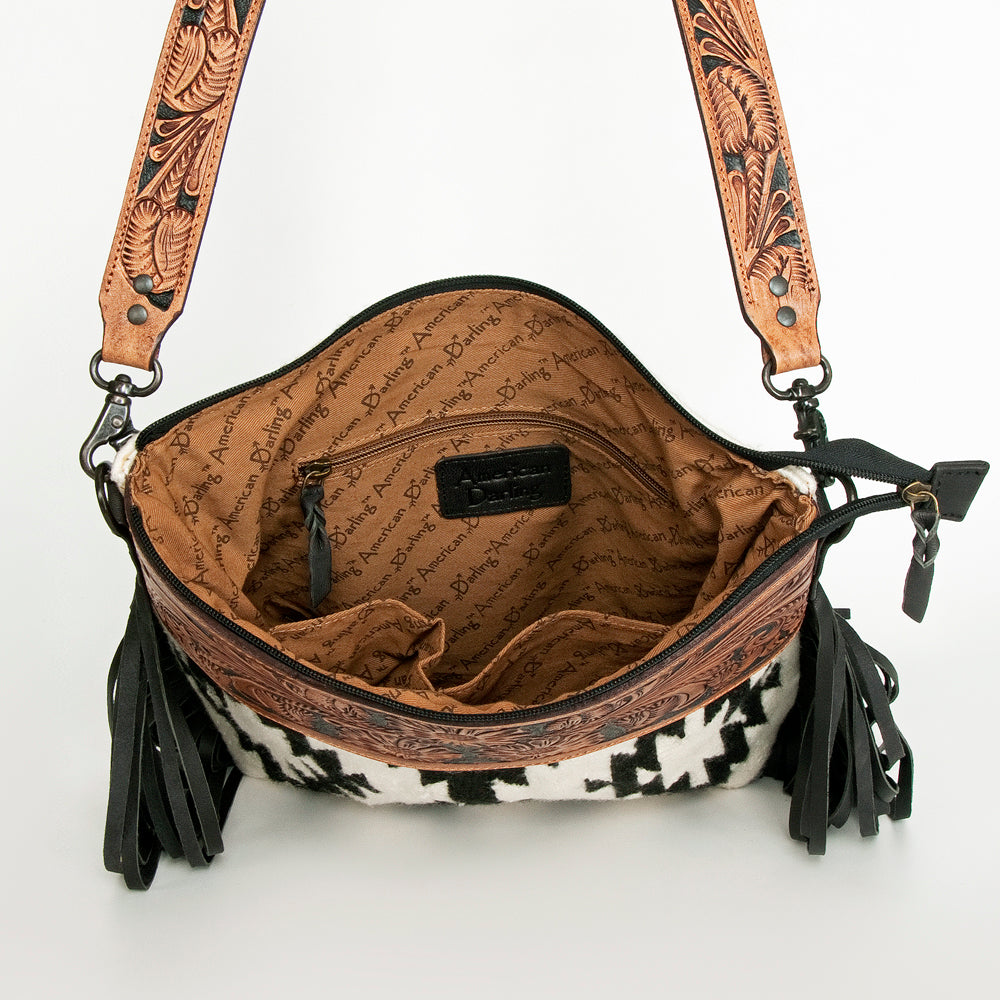 LC-ADBGZ230 Aztec Wool Crossbody with Tooled Leather & Fringe - Western Shoulder Bag