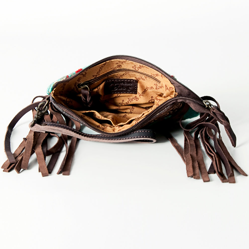 LC-ADBGZ234 Turquoise Wool & Tooled Leather Wristlet with Fringe - Western Aztec Clutch Bag