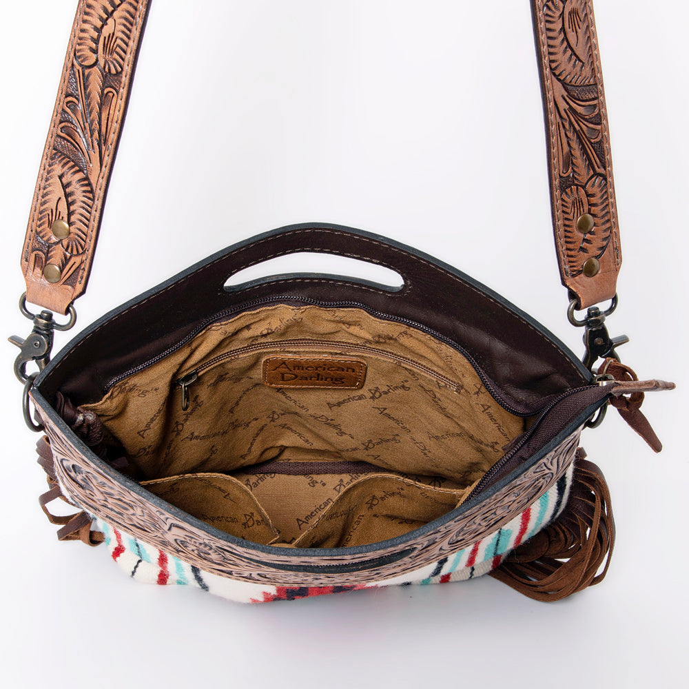 LC-ADBGZ246 Tooled Leather Handle Cutout Crossbody Bag with Red & Turquoise Southwest Wool