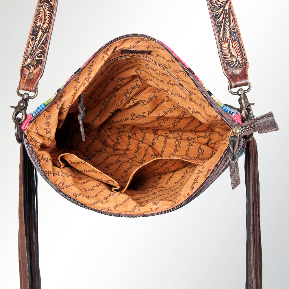 LC-ADBGZ250 Tooled Leather Fringe Crossbody Bag with Pink & Turquoise Serape Wool