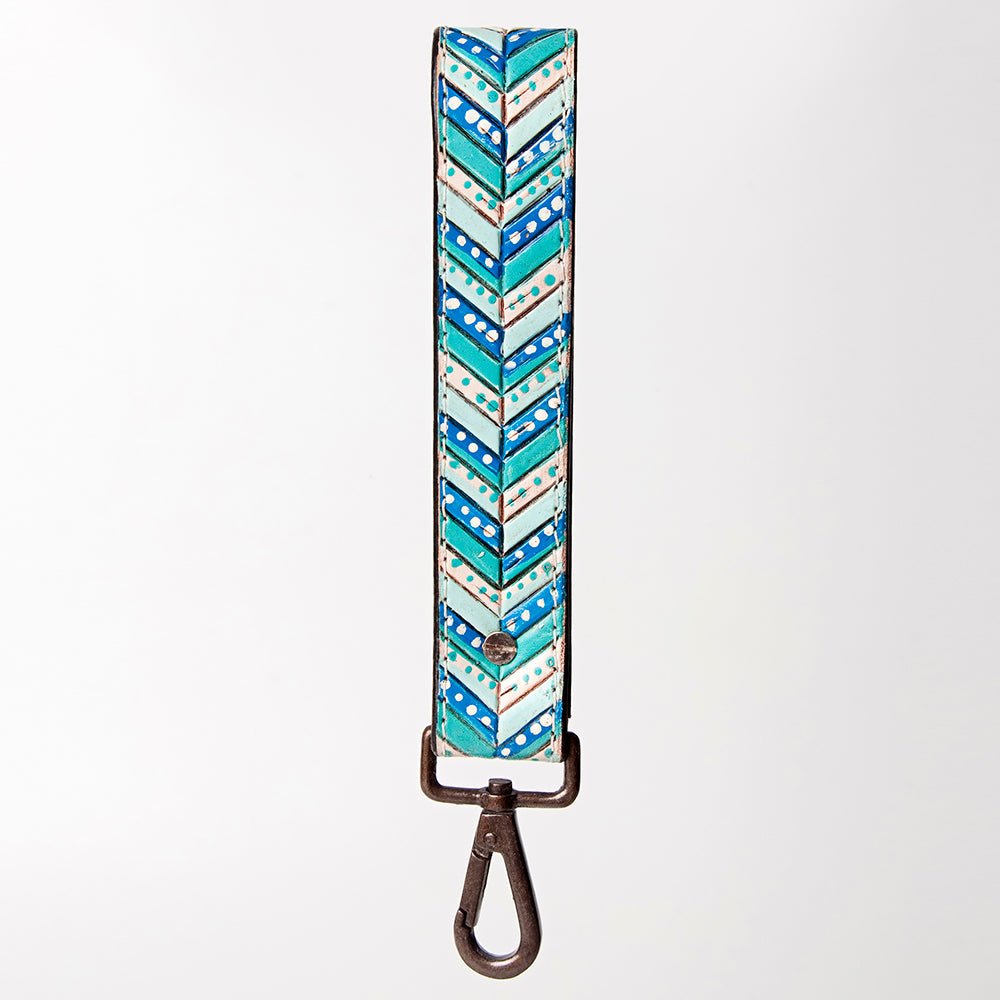 LC-ADBRF124 Painted Leather Wristlet Keychain - Chevron Turquoise & Blue with Western Concho