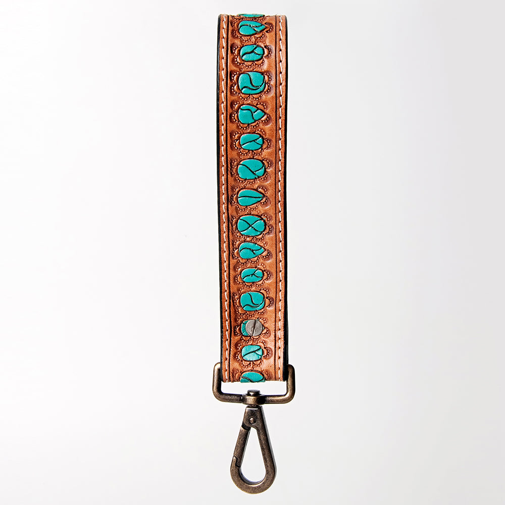 ADBRF128 Leather Wristlet Keychain with Turquoise Lacing - Western Concho Accent