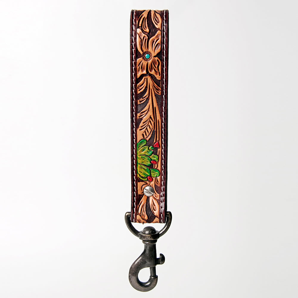 ADBRF129 Hand Tooled Leather Wristlet Keychain - Floral Tooling with Painted Accents & Concho