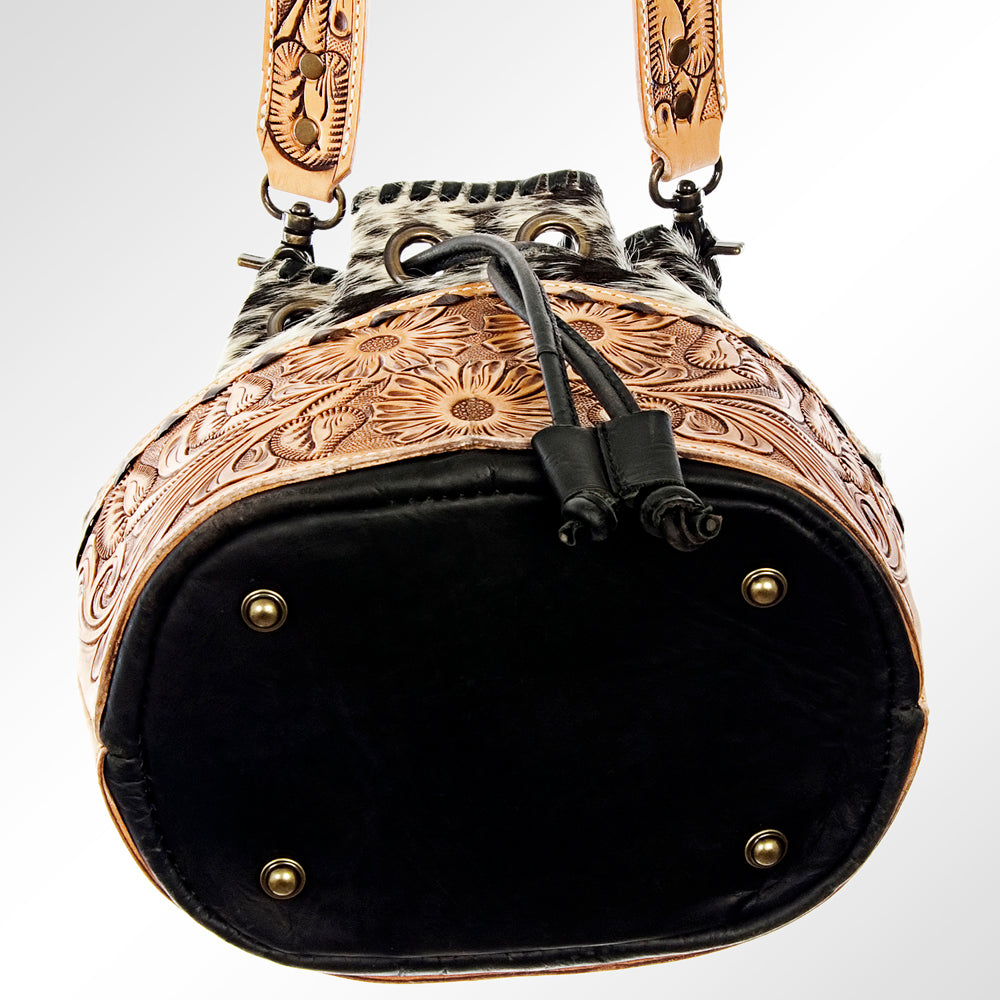 ADBG537BKW Hair-On-Hide & Tooled Leather Drawstring Bucket Bag Western Floral Carved Purse