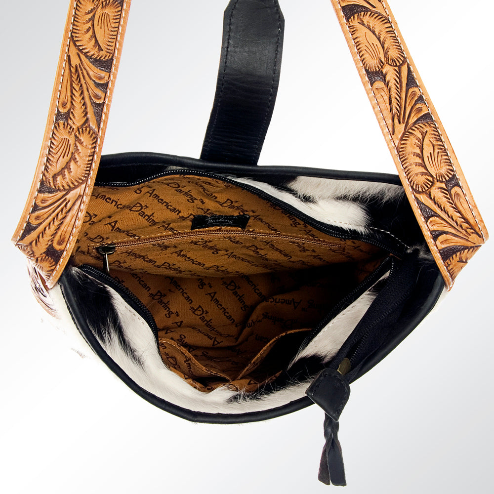 LC-ADBG539BKW Black & White Cowhide Hobo Bag with Tooled Leather Accents Western Bucket Style