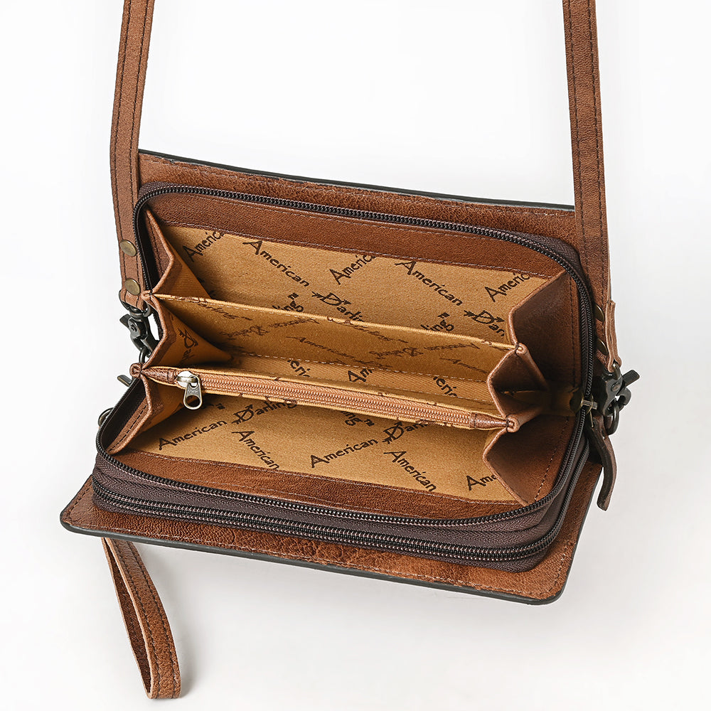 ADBG544 Hand-Tooled Leather Organiser Bag with Turquoise Stone Concho Western Floral Carved Purse