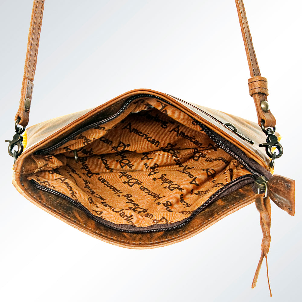 ADBG546MUS American Darling Cowhide & Pink Hand Tooled Leather Fringe Crossbody Bag