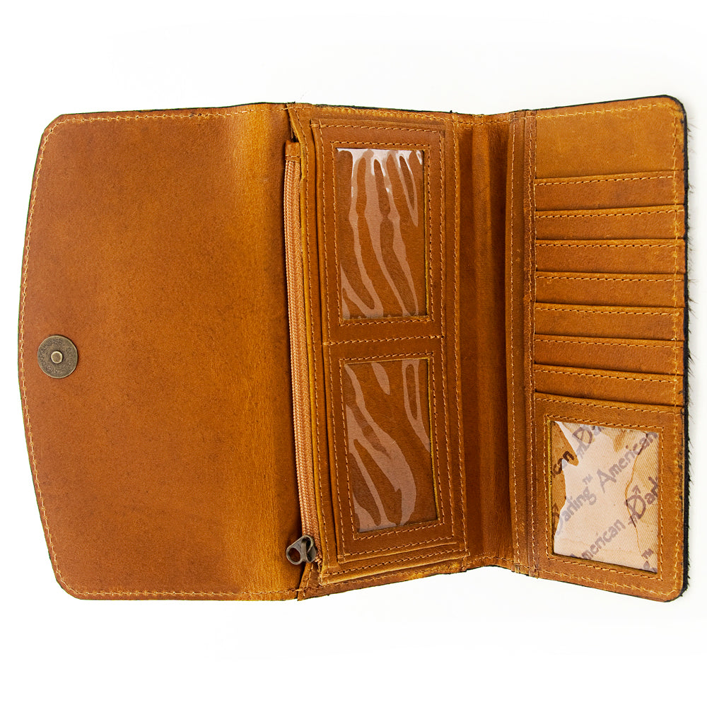 ADBG549TAW Hair-On-Hide Leather Wallet with Tooled Floral Flap Western Trifold Clutch