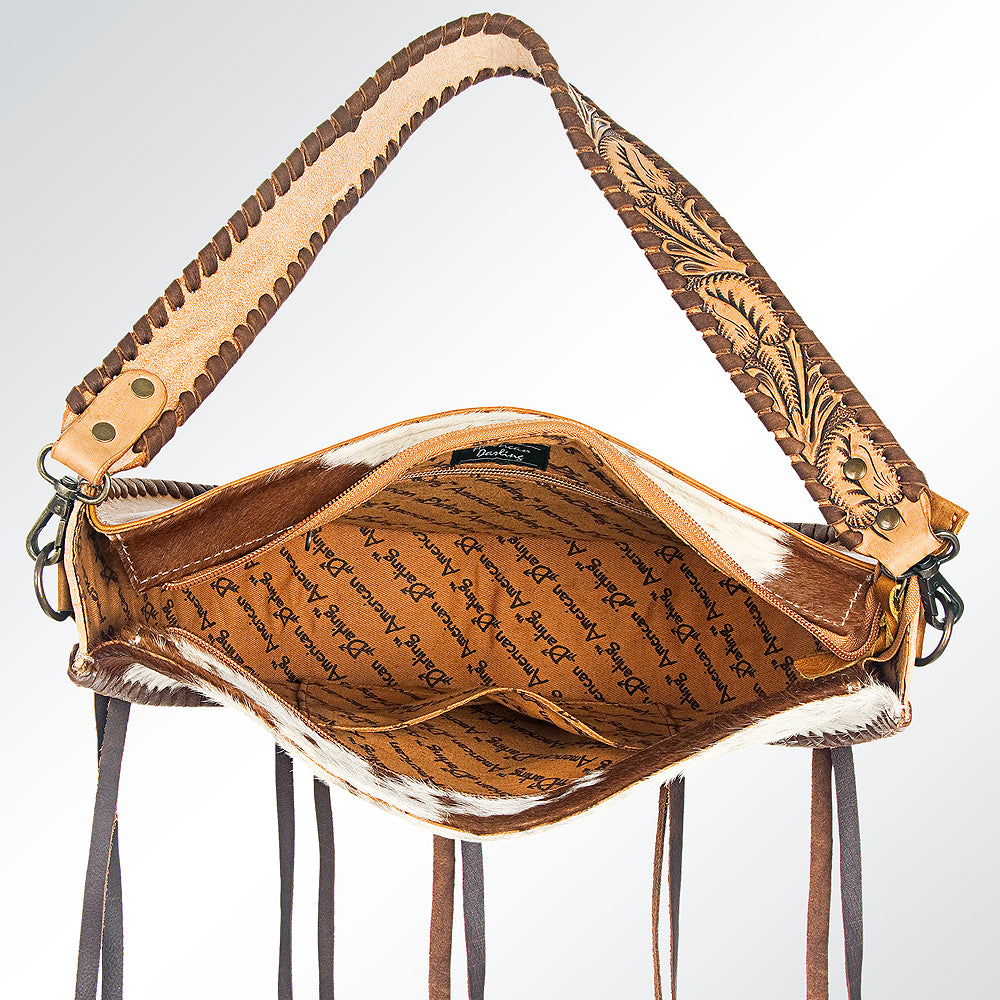 LC-ADBG552 Hair-On-Hide Saddle-Shaped Fringe Hobo Bag Western Tooled Leather Accents